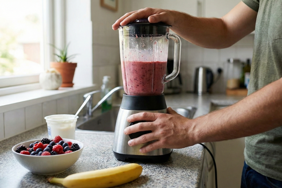 A close-up photograph of a person's hands preparing a fruit smoothie in a blender, with fresh berries, a banana, and yogurt on a kitchen counter.
