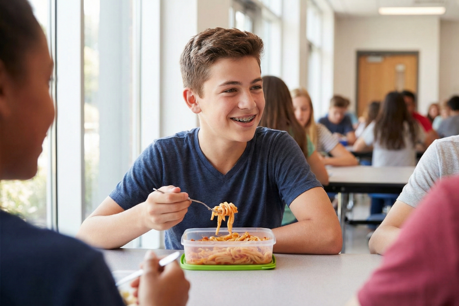 A teenage boy with braces eats pasta from a lunch container in a busy school cafeteria, demonstrating a braces-friendly meal.