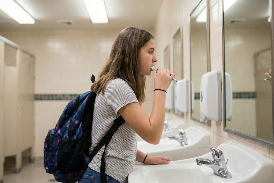 A teenage girl wearing a backpack brushes her teeth at a sink in an empty school bathroom.