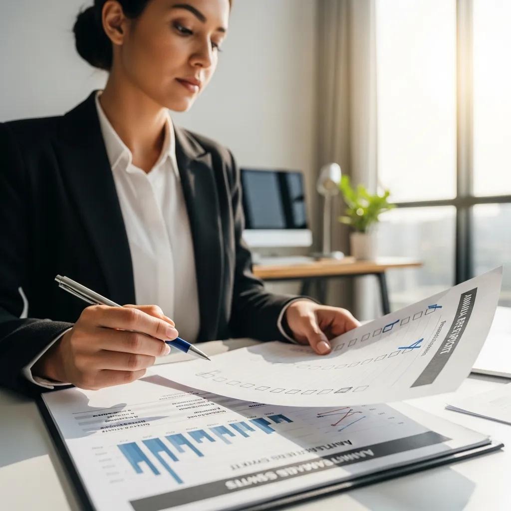 Person checking an annual report checklist with a pen and laptop