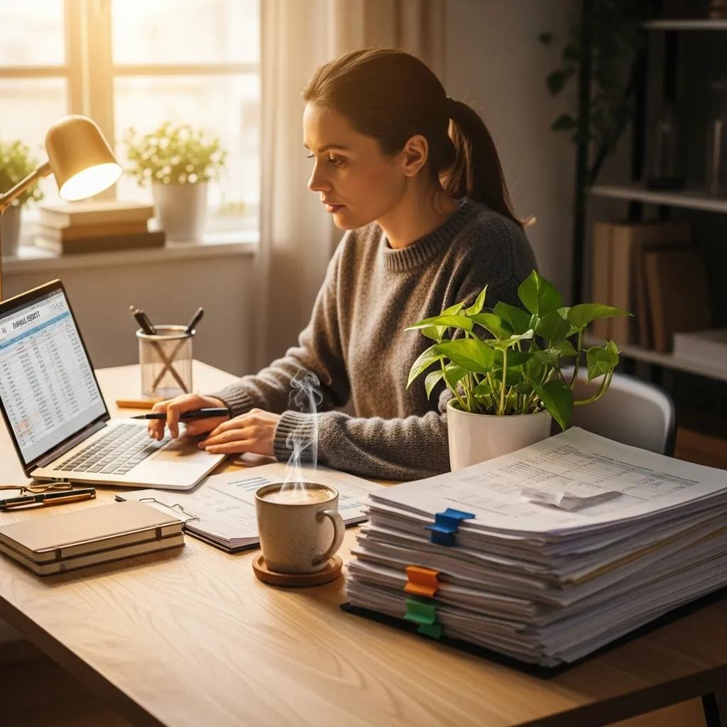 Small business owner preparing an annual report on a laptop with documents