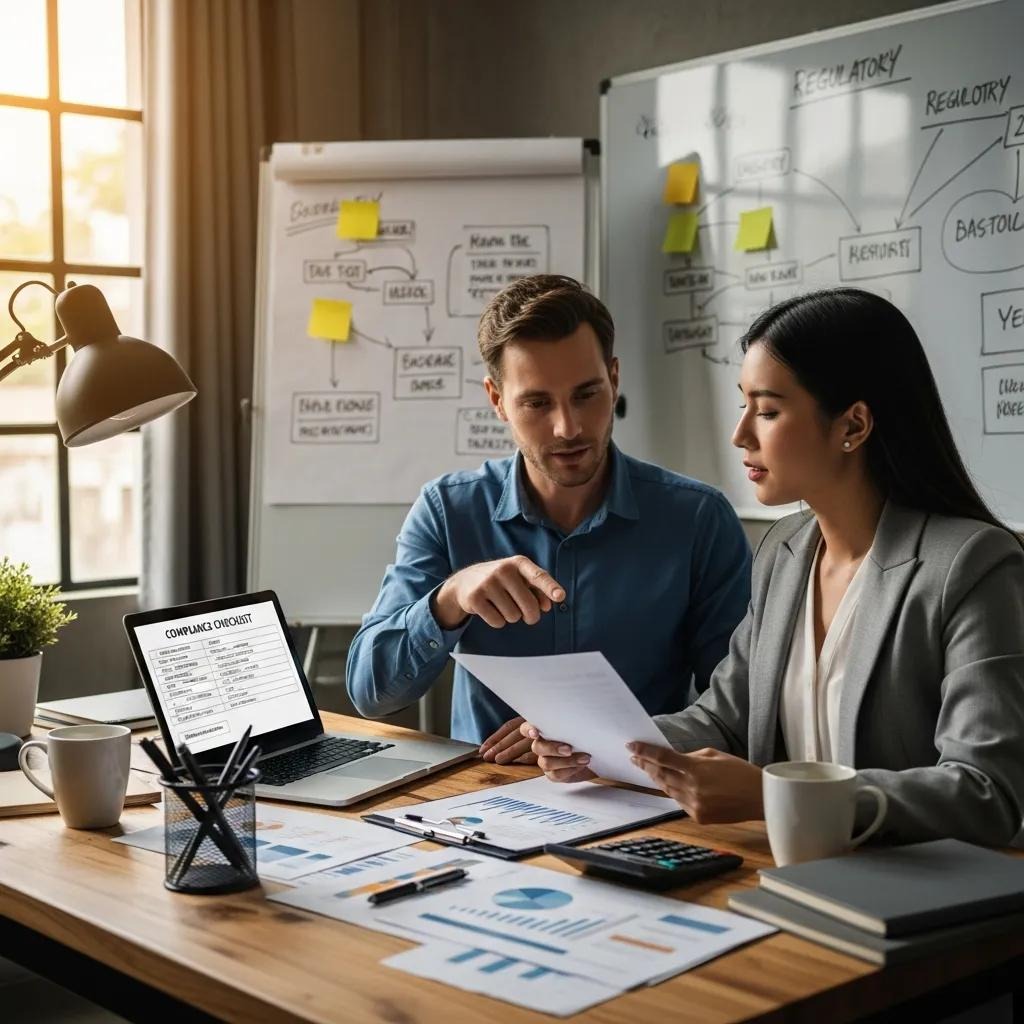 Team reviewing compliance documents and discussing filings