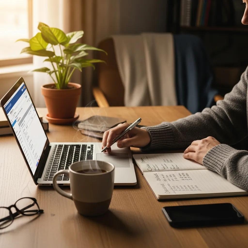Person reviewing credit report on a laptop, with coffee and notepad nearby