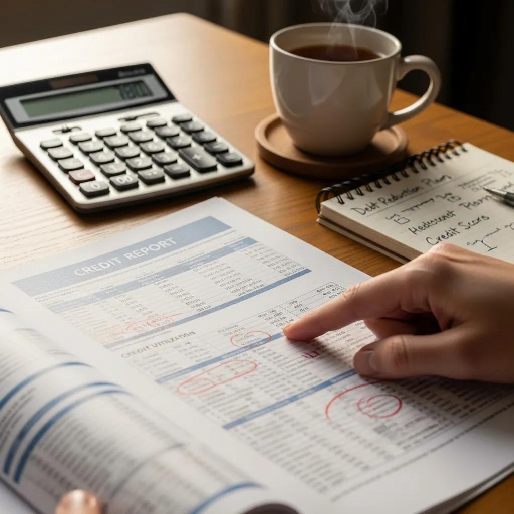 Close-up of a credit report with a person analyzing sections on a table with a calculator