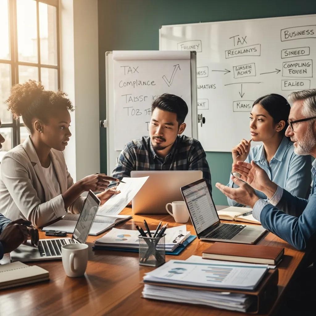 Entrepreneurs collaborating in a modern office — focused on tax compliance and business strategy