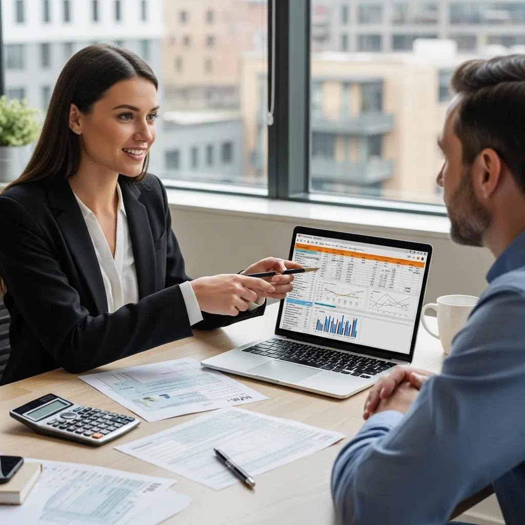 Consultant helping a small business owner with tax paperwork to illustrate available support