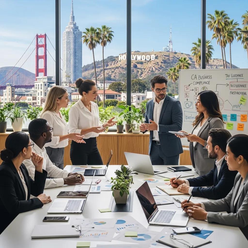 Empresarios que trabajan juntos en una oficina con lugares emblemáticos de California: orientación práctica sobre impuestos y cumplimiento normativo.