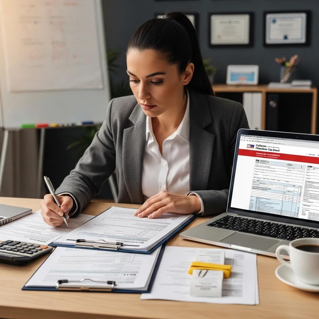 Propietario de un negocio revisando formularios fiscales en un ordenador portátil con la página web de la FTB abierta: recursos de cumplimiento normativo.
