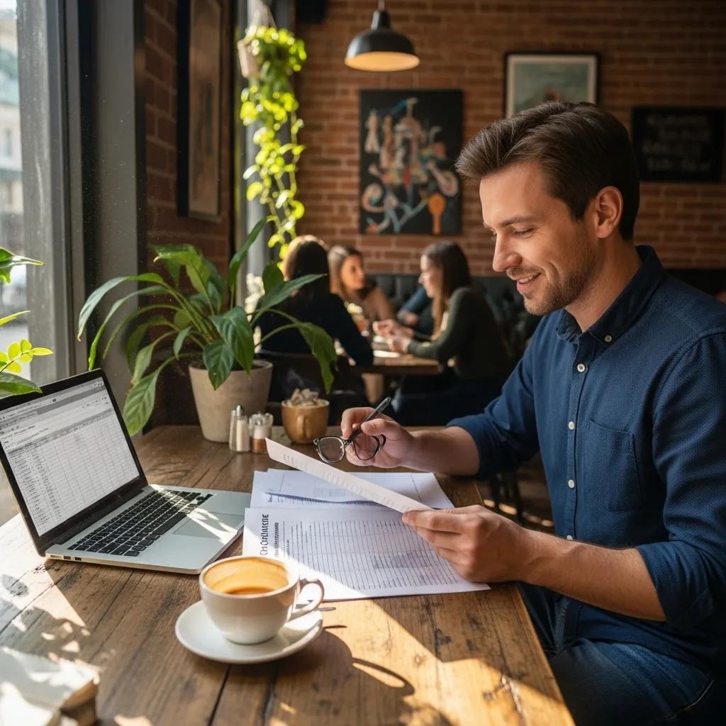 Empresario extranjero revisando documentos de cumplimiento tributario de EE. UU. en la mesa de una cafetería.