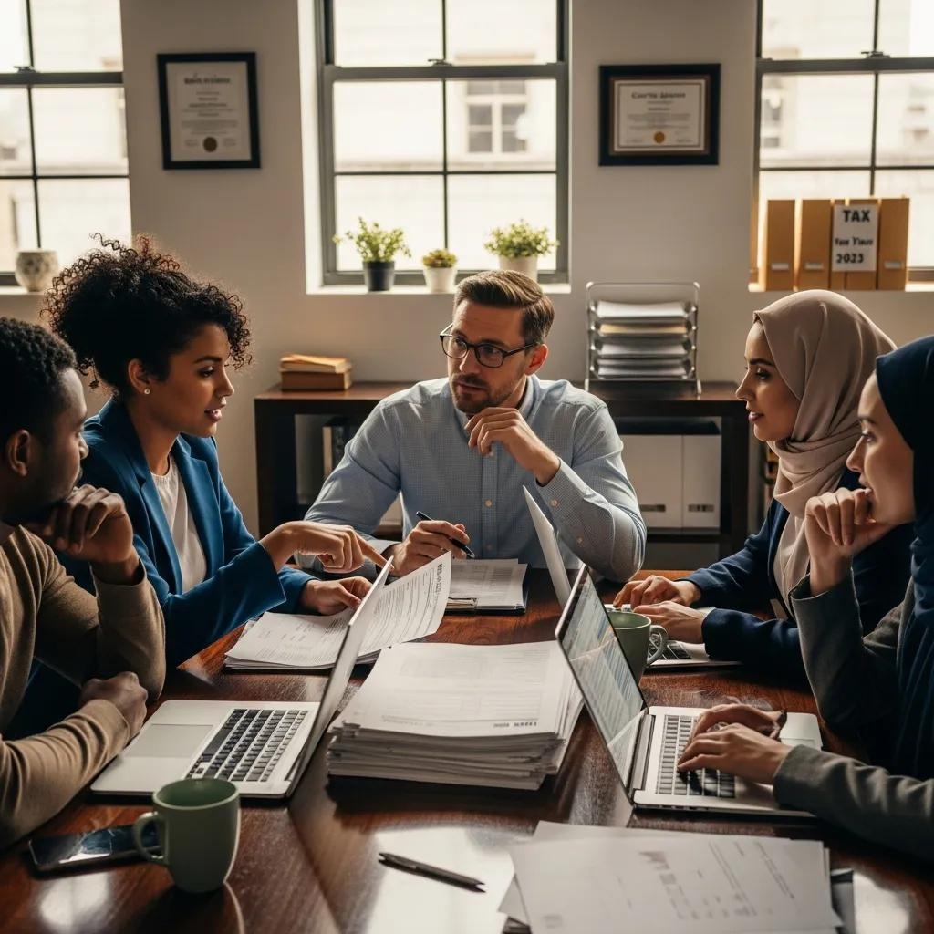 Equipo de profesionales empresariales revisando la estrategia fiscal estadounidense en una oficina moderna.