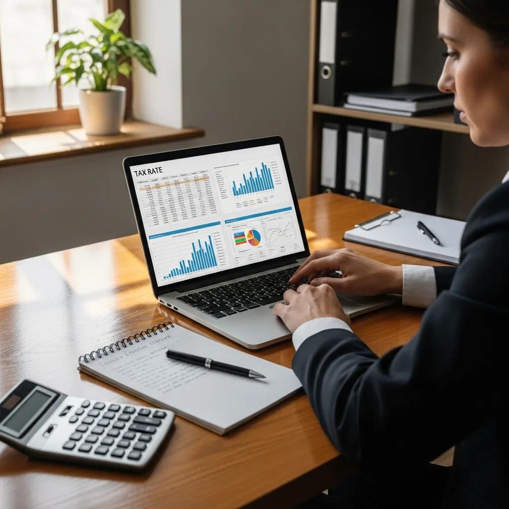 Profesional de negocios revisando las tasas impositivas corporativas y las finanzas en una oficina.