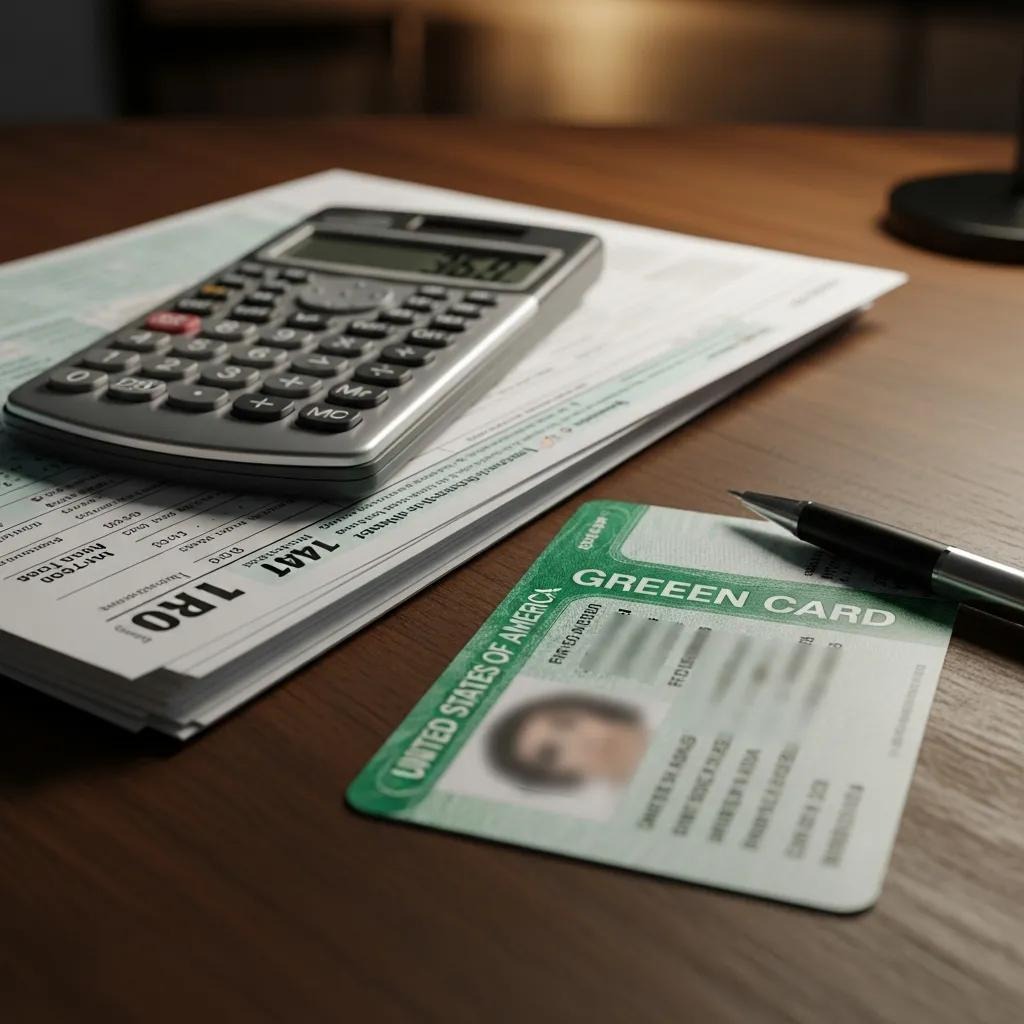 Close-up of a Green Card beside tax forms and a calculator