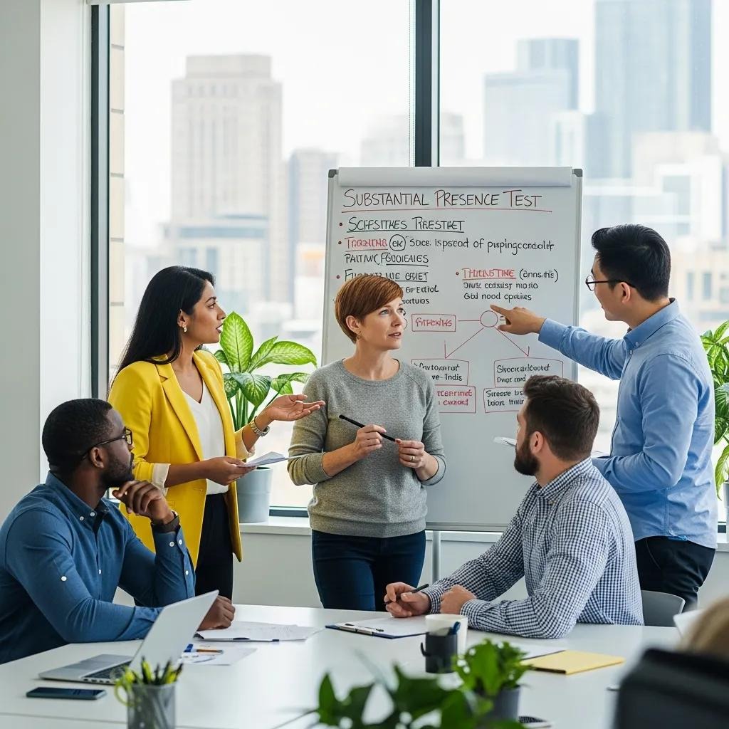 Group of entrepreneurs discussing tax residency in a modern office