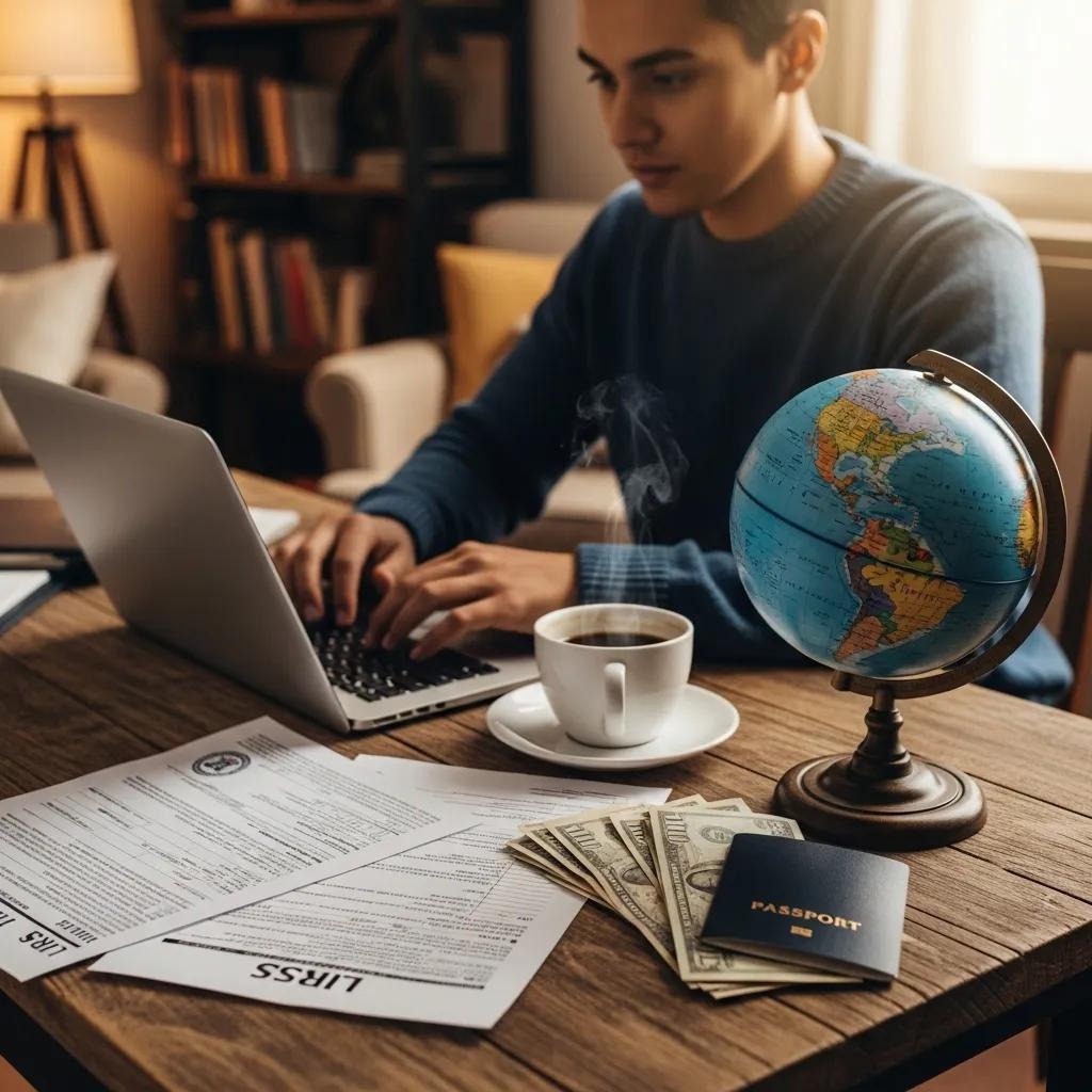 International entrepreneur at a home office with laptop, globe, and tax paperwork