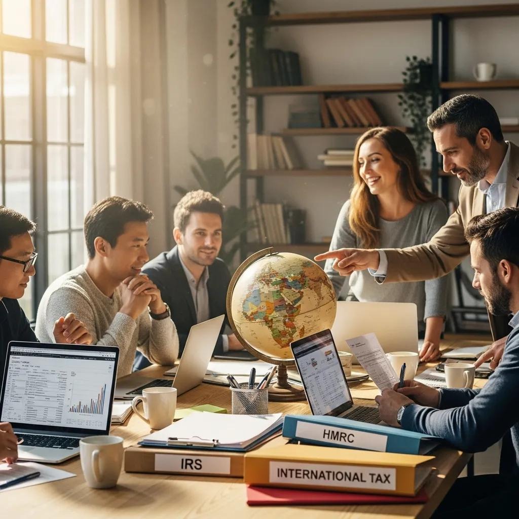 Expatriates reviewing tax documents together in a relaxed workspace