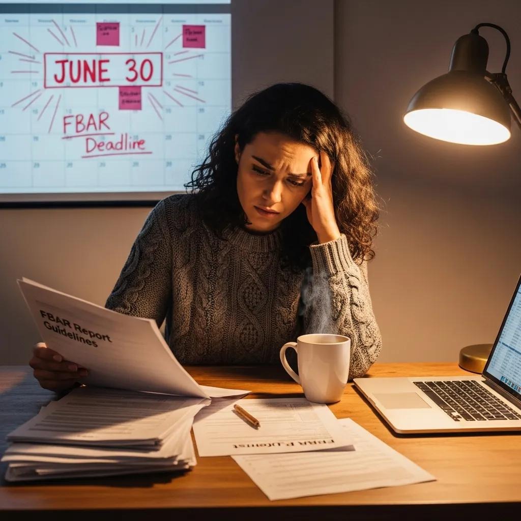 Empresario revisando los plazos del FBAR y las posibles sanciones con papeleo sobre una mesa.