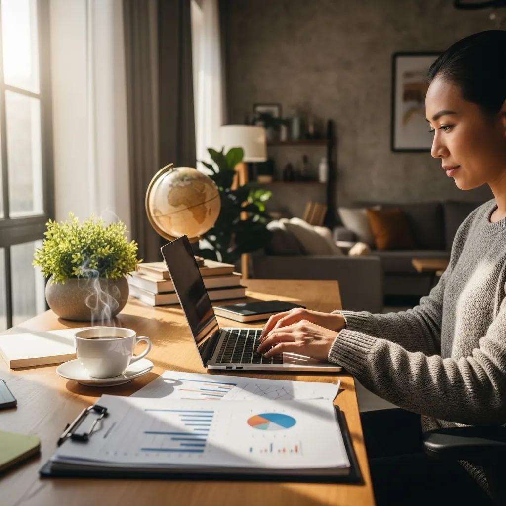 Empresario internacional en una oficina en casa organizando documentos y preparando el cumplimiento de la normativa FBAR.