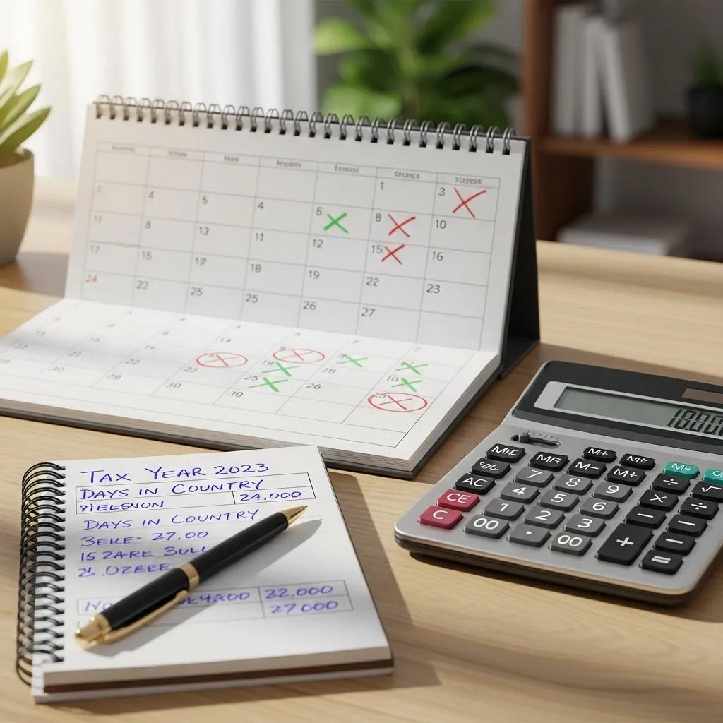 Primer plano de un calendario y una calculadora que ilustran el recuento de días para la prueba de presencia sustancial.