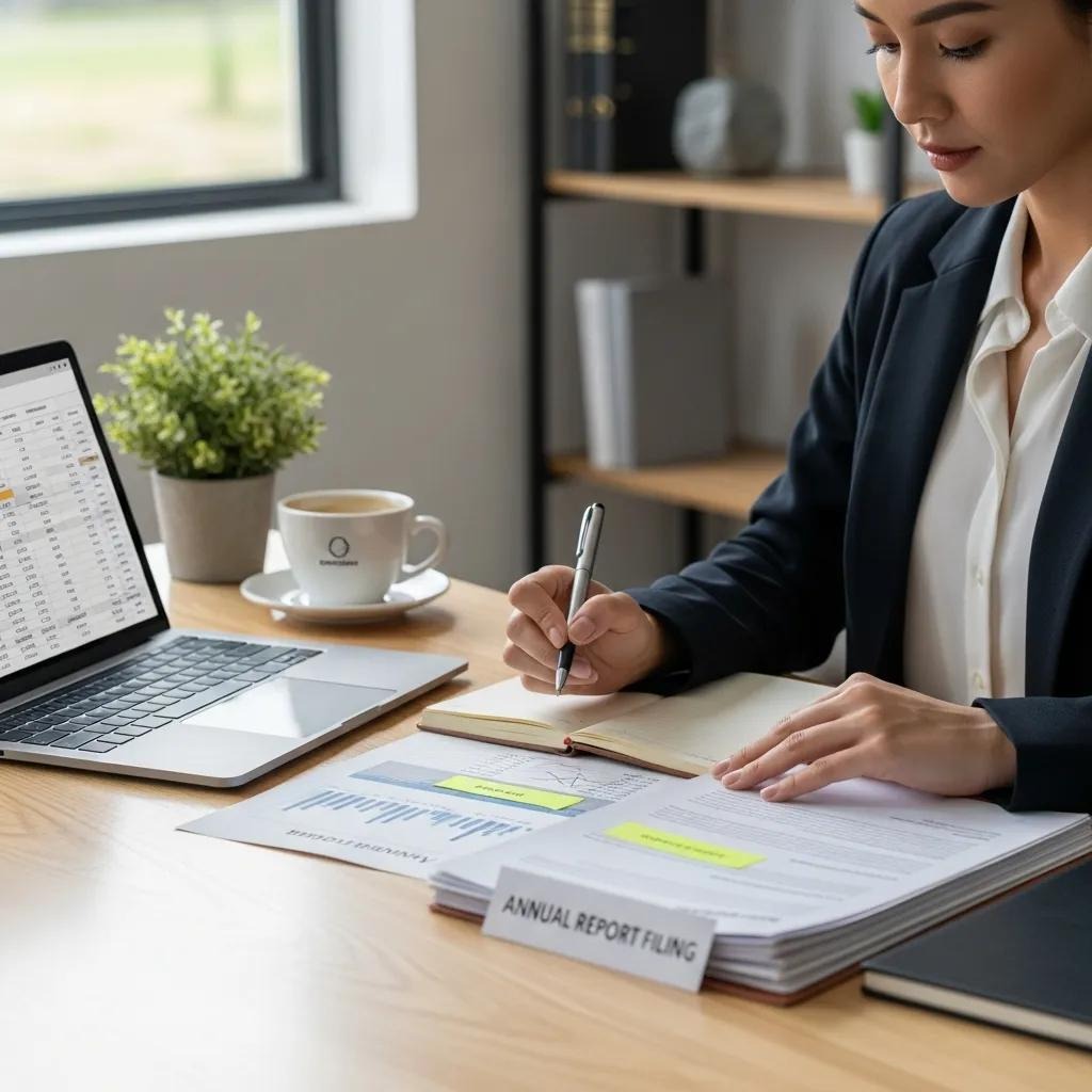 Business owner reviewing annual report filing documents in a professional workspace