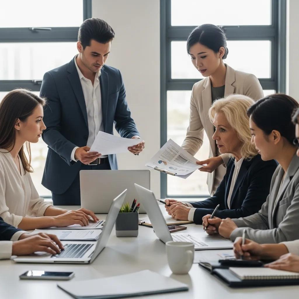 Diverse entrepreneurs collaborating on U.S. LLC compliance in a modern office