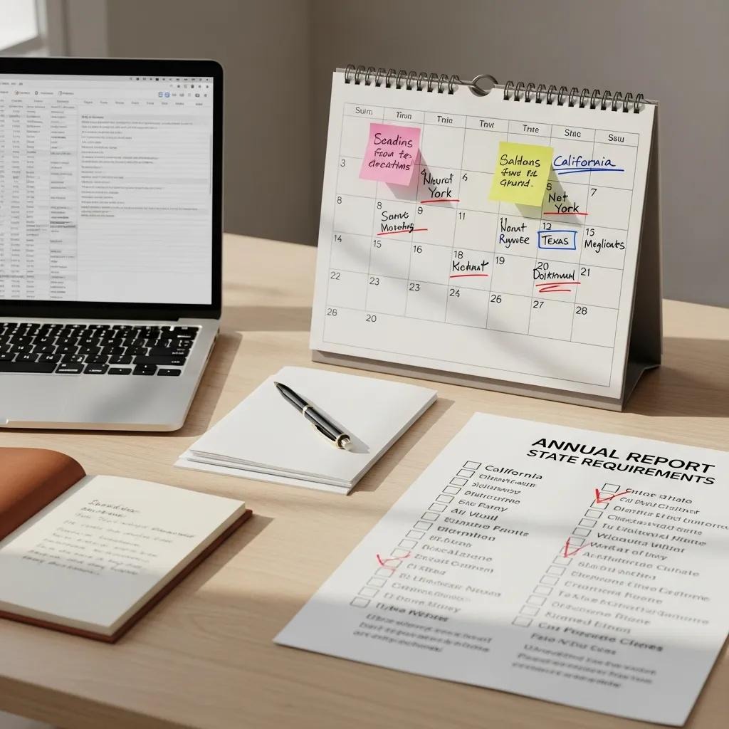 Calendar with deadlines and checklist for state-specific annual report requirements