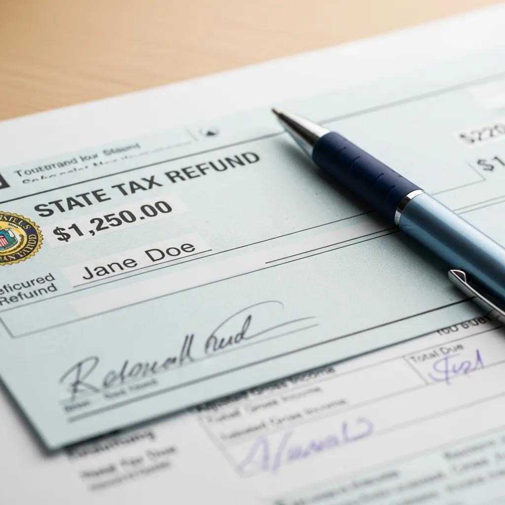 State tax refund check on top of a tax return form