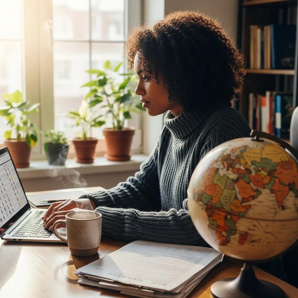 International entrepreneur reviewing tax paperwork in a home office