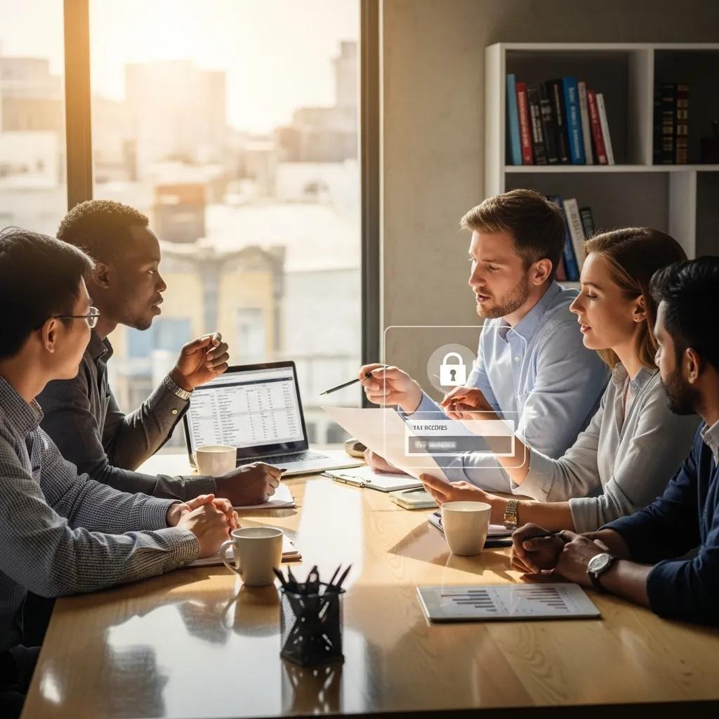 Diverse group of entrepreneurs discussing business strategies, emphasizing tax record confidentiality