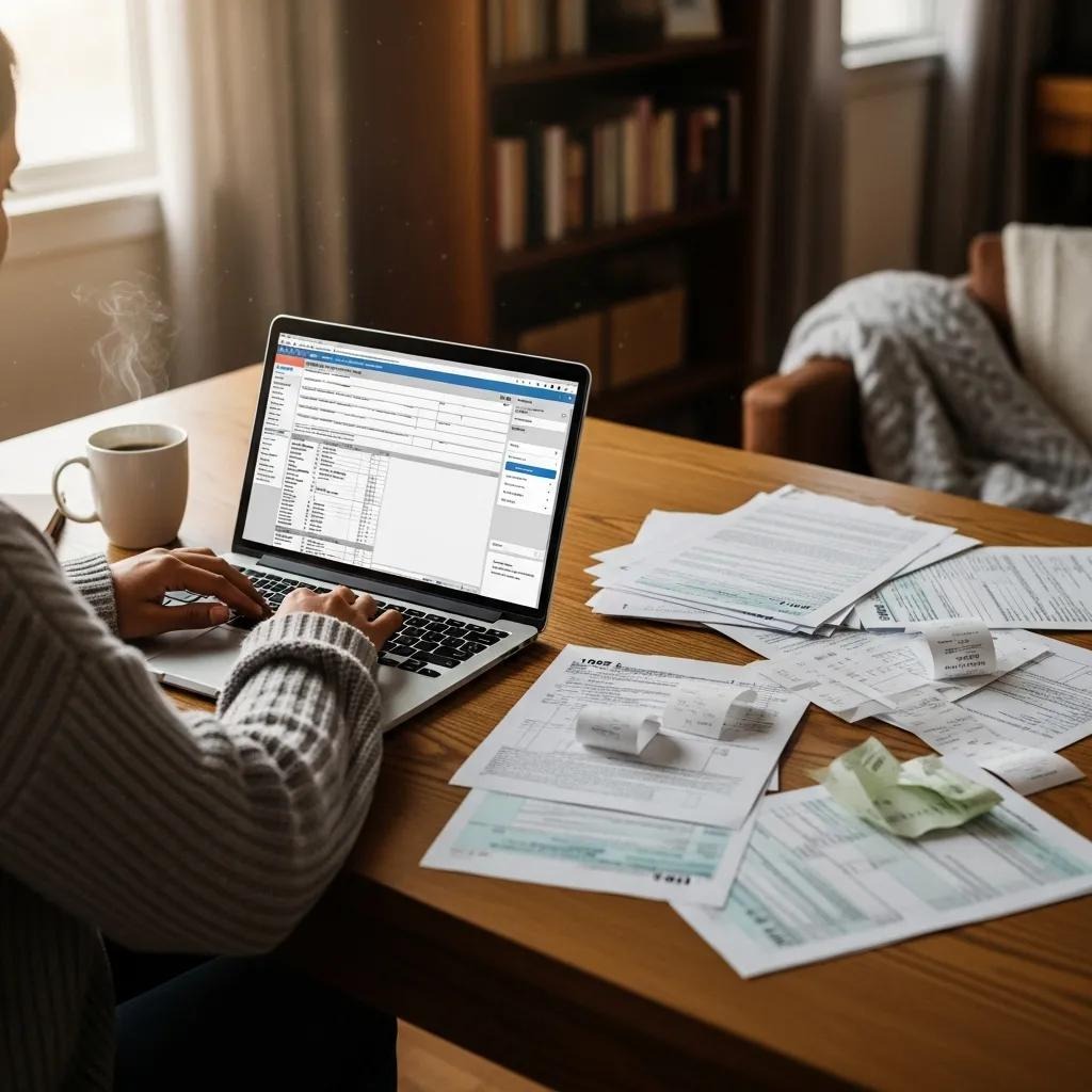 Cozy workspace with tax documents and a laptop, highlighting financial privacy