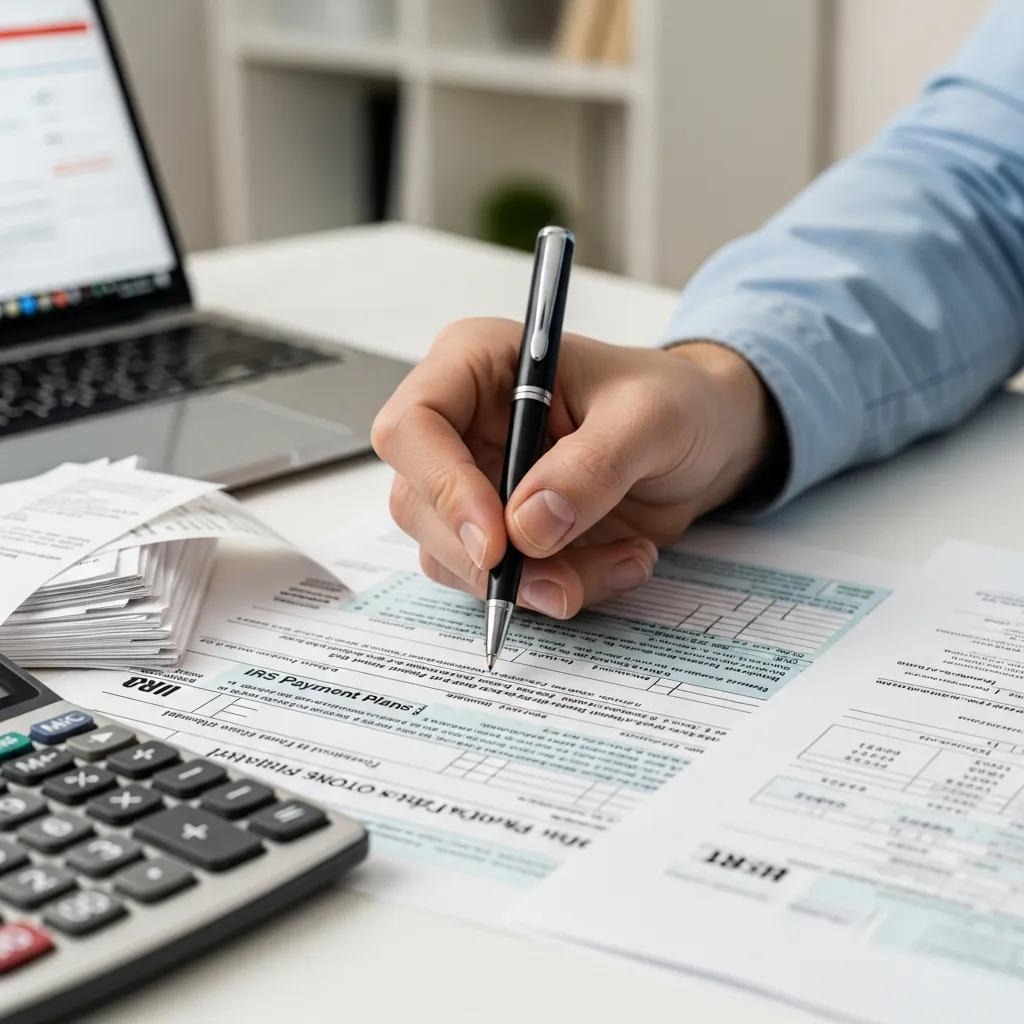 Close-up of hand filling out tax form with financial documents