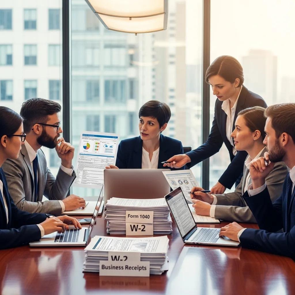 Business team discussing tax compliance with laptops and documents