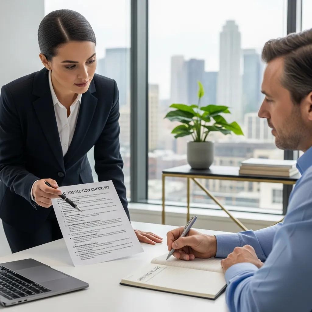 Consultant advising a client on avoiding tax penalties during LLC dissolution