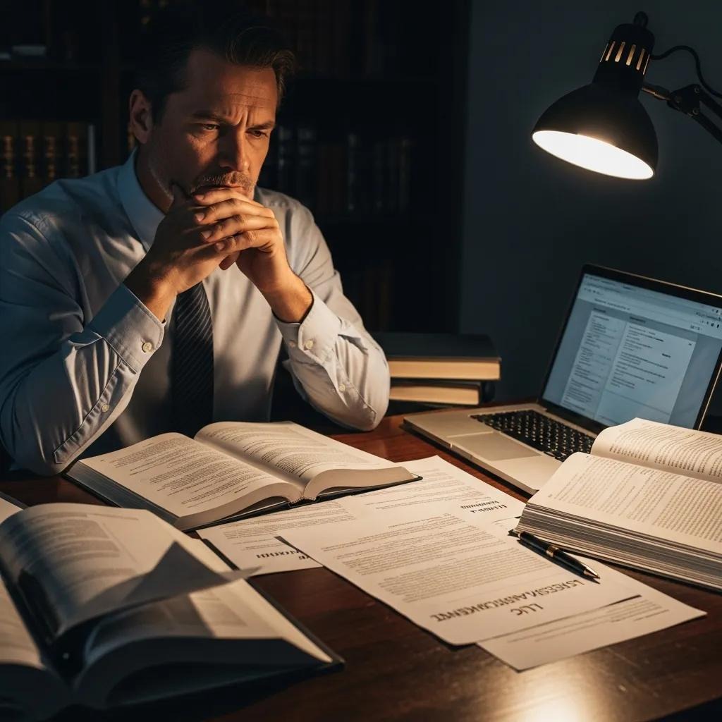 Empresario que analiza las implicaciones legales de la disolución de una sociedad de responsabilidad limitada (LLC) con la documentación legal