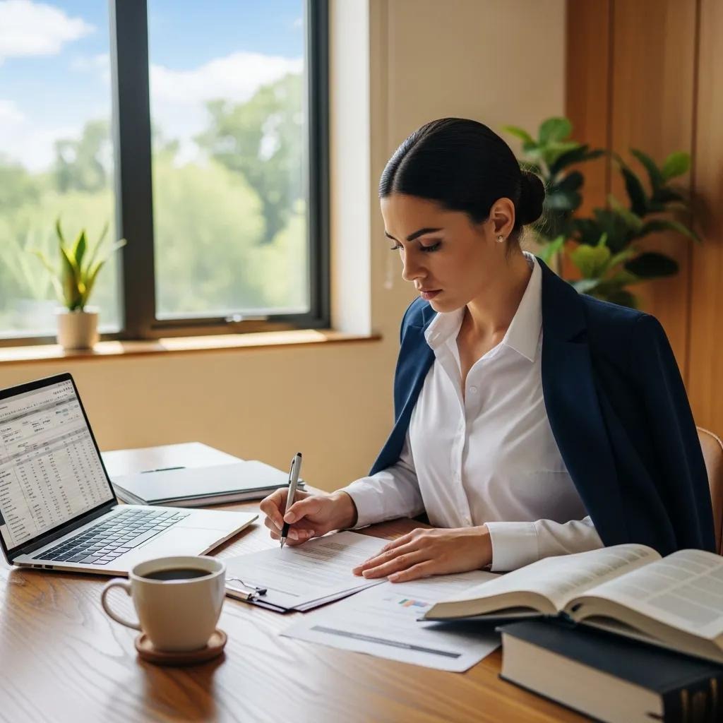 Empresario revisando los documentos de restablecimiento de una sociedad de responsabilidad limitada (LLC) en un entorno de oficina profesional