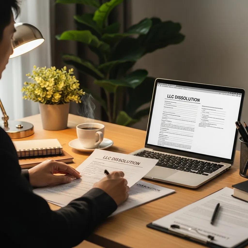 Business owner reviewing LLC dissolution paperwork at a cozy desk with a laptop and coffee
