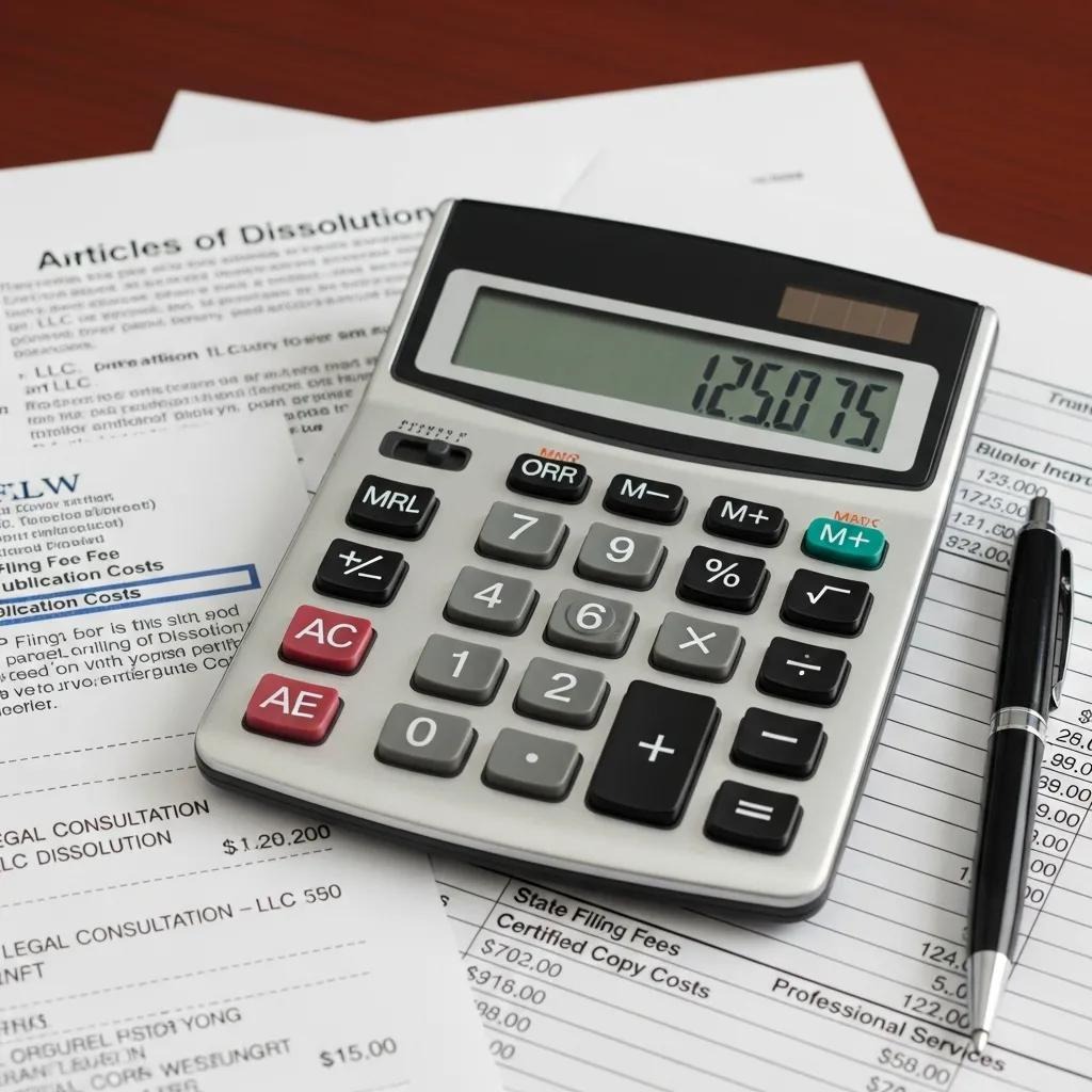 Calculator and financial documents representing LLC dissolution fees