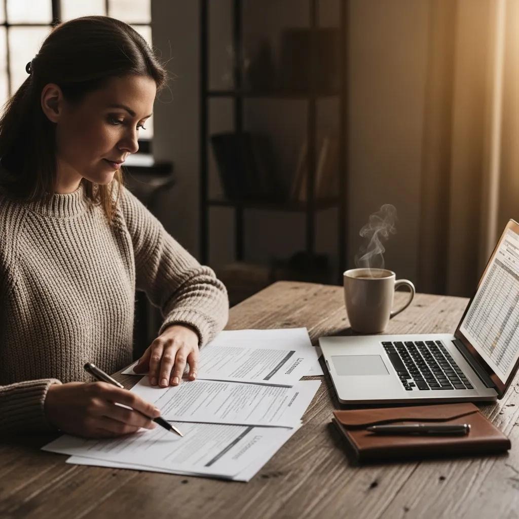 Business owner reviewing LLC dissolution paperwork at a cozy desk