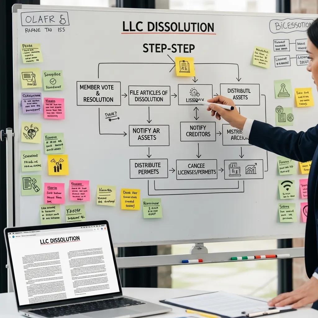 Person explaining the step-by-step process of LLC dissolution on a whiteboard