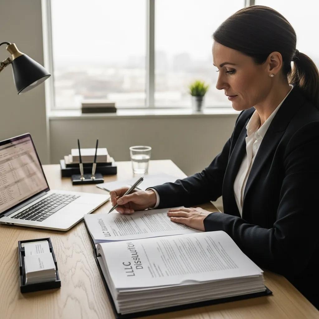 Business owner reviewing LLC dissolution documents in a modern office
