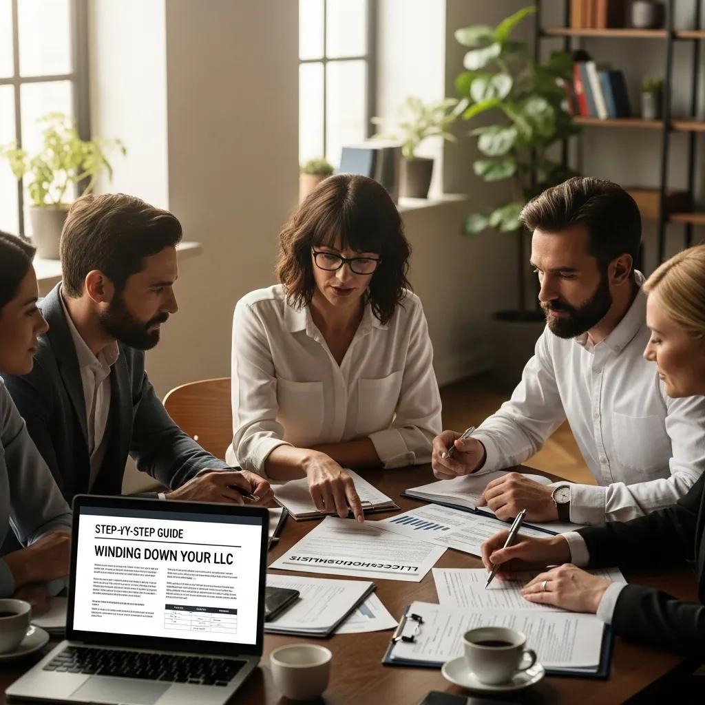 Profesionales del mundo empresarial colaborando en la elaboración de documentos para la disolución de una sociedad de responsabilidad limitada en un entorno de oficina moderno