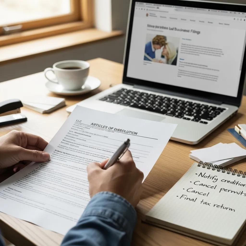 Unas manos rellenando formularios de disolución de una sociedad de responsabilidad limitada (LLC) específicos de cada estado sobre un escritorio, con un ordenador portátil y una taza de café