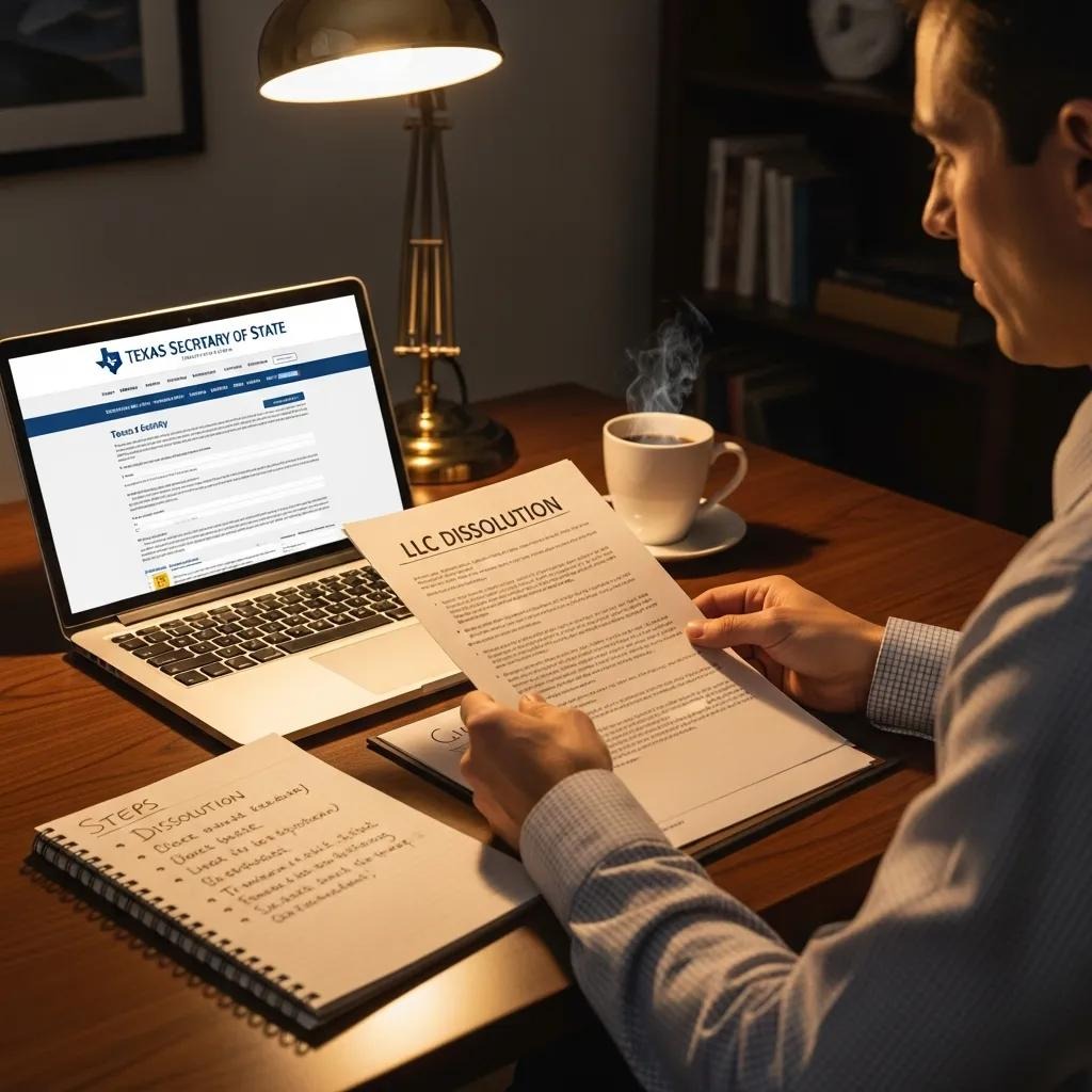 Business owner reviewing Texas LLC dissolution documents in a professional office setting