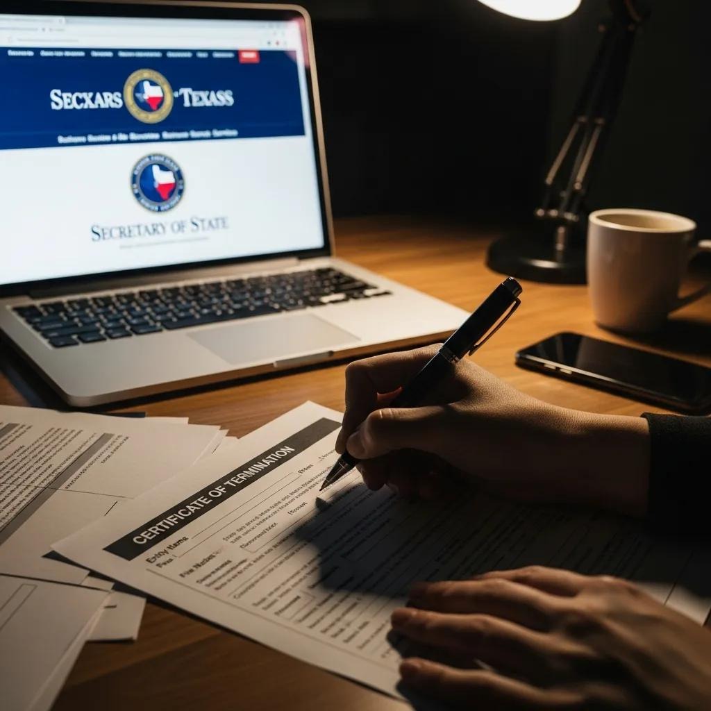Hands filling out the Certificate of Termination form for Texas LLC dissolution