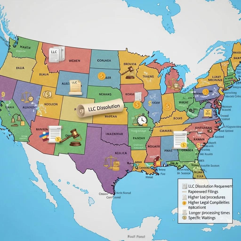 Mapa de los Estados Unidos en el que se destacan los requisitos para la disolución de una LLC por estado