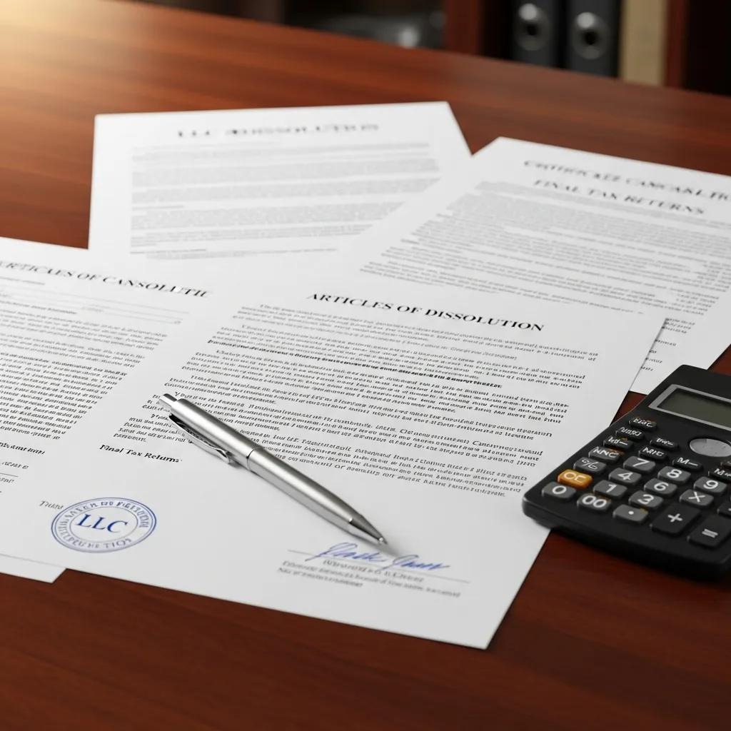 Documentos legales imprescindibles para la disolución de una sociedad de responsabilidad limitada (LLC) sobre un escritorio