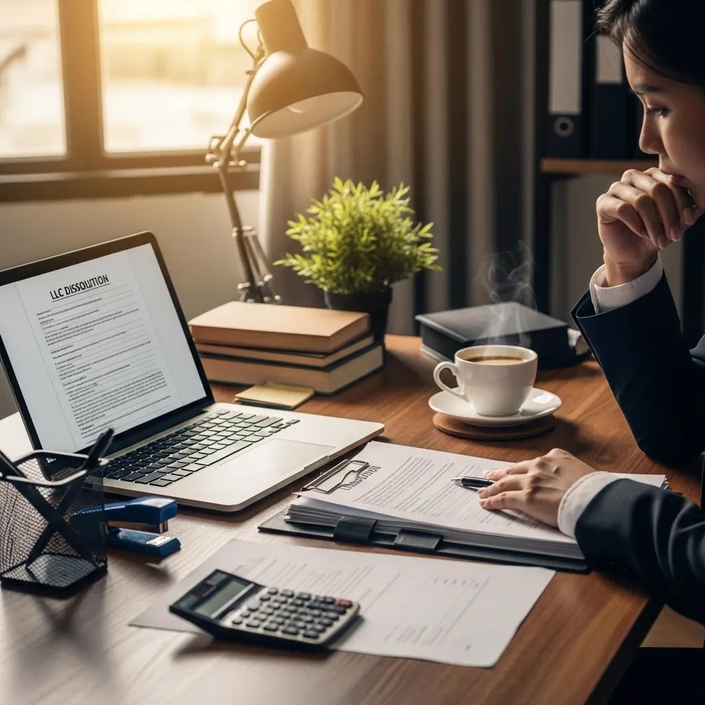 Un empresario revisando los documentos de disolución de una sociedad de responsabilidad limitada (LLC) en un escritorio