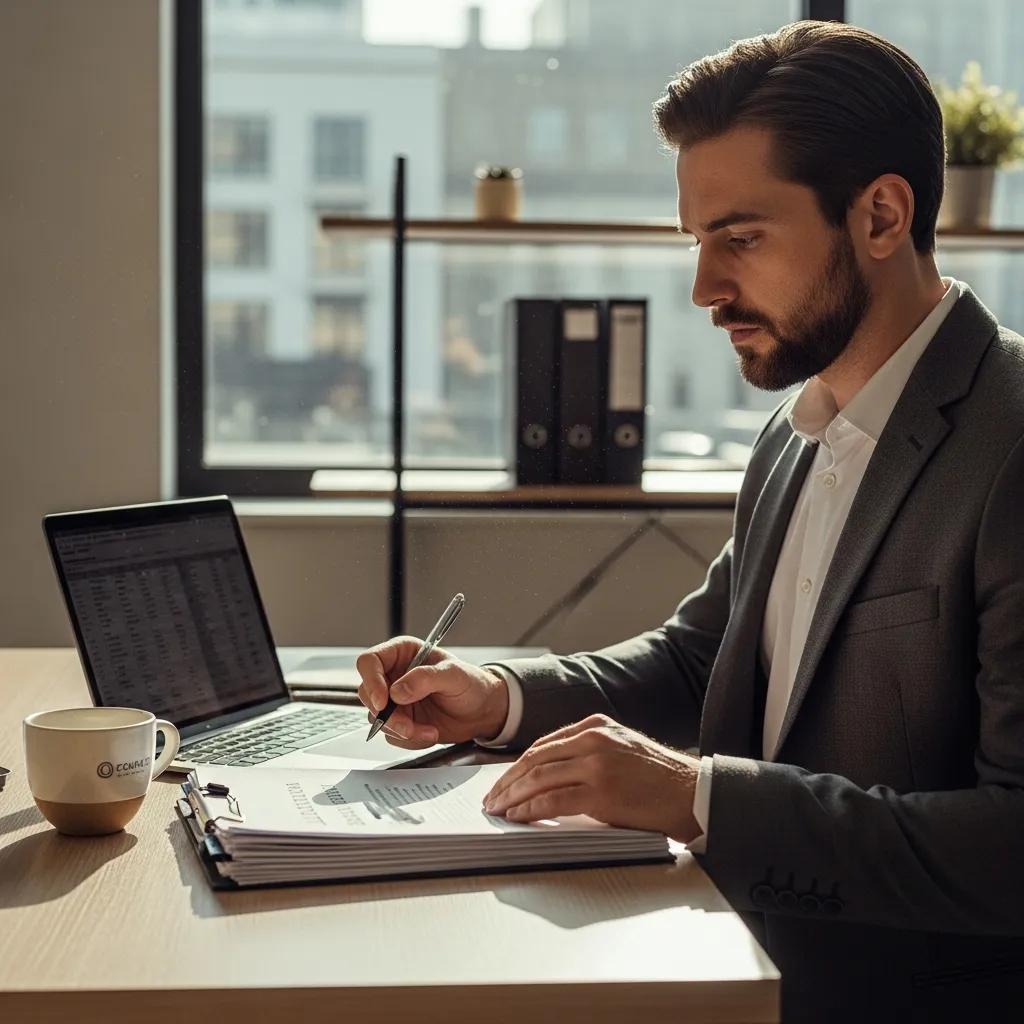 Business owner reviewing LLC dissolution documents in a modern office