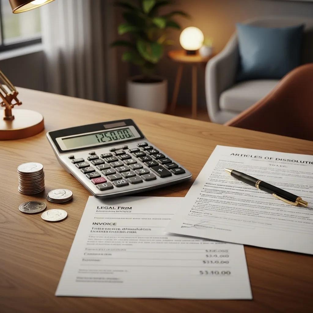 Calculator and financial documents representing LLC dissolution costs