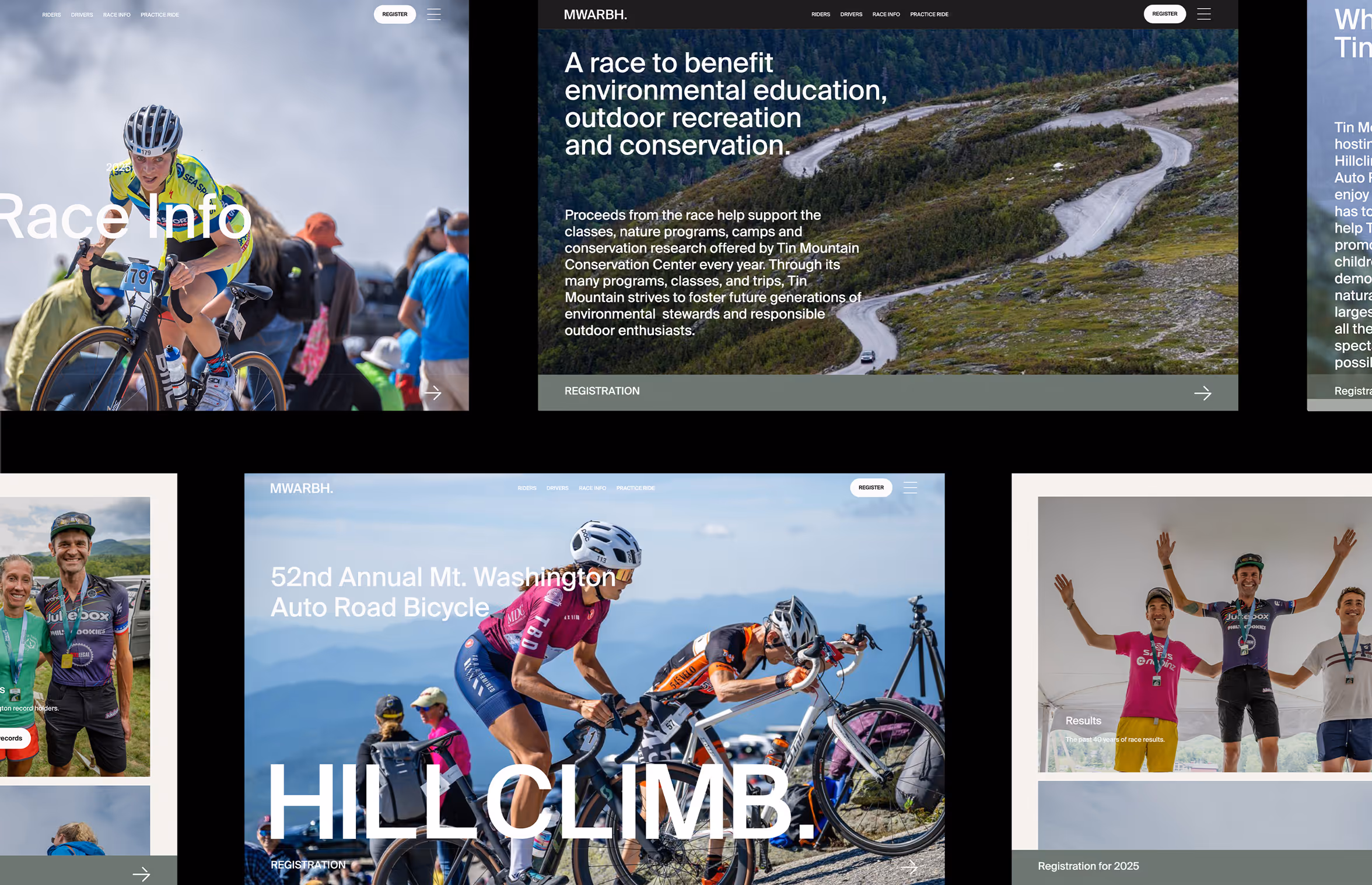 Webpage collage with images of cyclists racing uphill, a winding mountain road, and race participants celebrating with medals at the 52nd Annual Mt. Washington Auto Road Bicycle Hill Climb event.