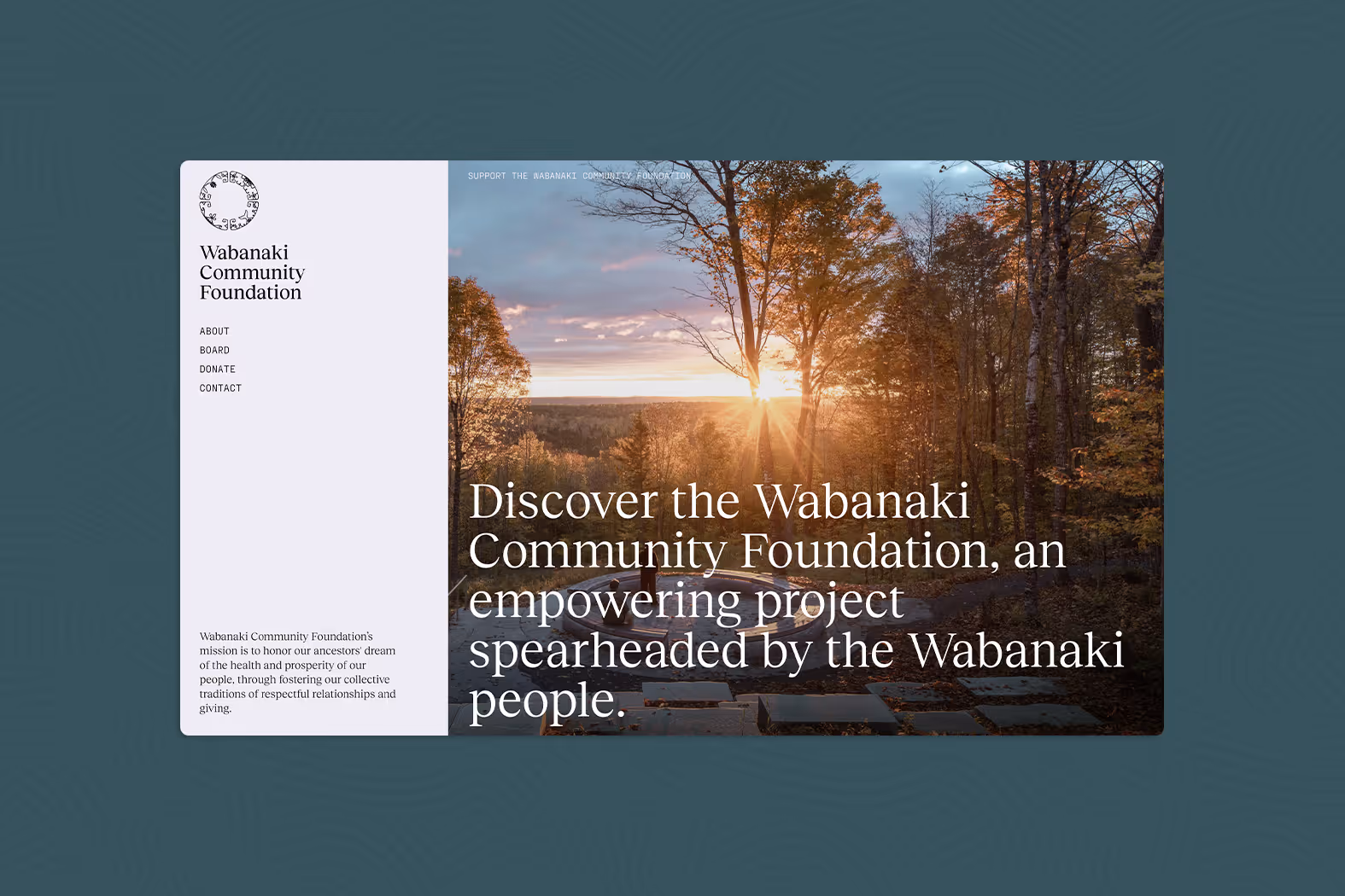 Website homepage with Wabanaki Community Foundation logo and navigation menu beside a scenic sunset view of a forest with a stone pathway.